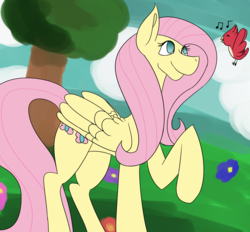 Size: 3520x3265 | Tagged: safe, artist:dah-vee, fluttershy, bird, pegasus, pony, g4, cutie mark, female, high res, mare, music notes, raised hoof, smiling, solo