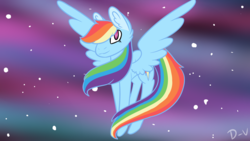 Size: 1366x768 | Tagged: safe, artist:dah-vee, rainbow dash, pegasus, pony, g4, abstract background, cutie mark, ear fluff, female, hair over one eye, hooves together, looking at you, mare, smiling, solo, spread wings, wings