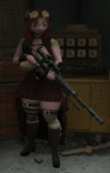 Size: 400x624 | Tagged: safe, artist:t-box, oc, oc:moon lee, earth pony, anthro, 3d, animated, boots, clothes, fallout, fallout 4, fallout 4 mod, female, game, gif, goggles, gun, pink skin, rifle, shoes, skirt, socks, solo, steampunk, striped socks, thigh highs, weapon