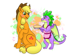 Size: 2746x1962 | Tagged: safe, artist:bella-pink-savage, applejack, spike, dragon, pony, g4, abstract background, apron, blushing, clothes, cute, female, food, male, open mouth, pie, ship:applespike, shipping, simple background, smiling, straight, white background, winged spike, wings