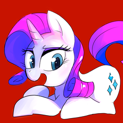Size: 750x750 | Tagged: safe, artist:baigak, rarity, pony, unicorn, g4, female, mare, open mouth, prone, red background, simple background, solo