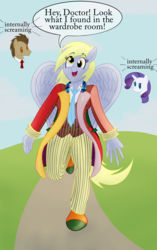 Size: 2340x3738 | Tagged: safe, artist:sixes&sevens, derpy hooves, doctor whooves, rarity, time turner, earth pony, pegasus, unicorn, anthro, g4, brooch, clothes, coat, cravat, crossdressing, cute, doctor who, fashion disaster, female, frock coat, high res, internal screaming, jewelry, male, mare, necktie, pants, running, shirt, sixth doctor, spats, stallion, the doctor, the explosion in a rainbow factory, waistcoat