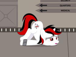 Size: 2046x1536 | Tagged: safe, artist:draymanor57, oc, oc only, oc:blackjack, pony, unicorn, fallout equestria, fallout equestria: project horizons, cuffed, cuffs, description is relevant, fanfic art, hallway, solo, stable (vault), vault