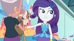 Size: 1920x1080 | Tagged: safe, screencap, candyberry, rarity, vignette valencia, equestria girls, equestria girls series, g4, rollercoaster of friendship, background human, bracelet, clipboard, ear piercing, earring, female, geode of shielding, jewelry, magical geodes, pen, piercing, rarity peplum dress
