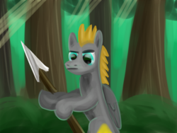 Size: 1920x1440 | Tagged: safe, artist:platinumdrop, oc, oc only, oc:platinumdrop, pegasus, pony, forest, solo, spear, weapon