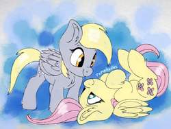 Size: 1024x768 | Tagged: safe, artist:incendiarymoth, derpy hooves, fluttershy, pegasus, pony, g4, abstract background, cute, cutie mark, derpabetes, derpyshy, ear fluff, female, folded wings, hooves to the chest, lesbian, looking at each other, on back, shipping, shyabetes, smiling, wings