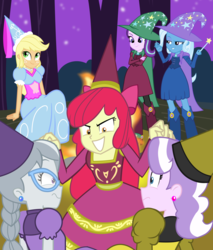 Size: 1960x2296 | Tagged: safe, artist:succubi samus, apple bloom, applejack, diamond tiara, silver spoon, starlight glimmer, trixie, equestria girls, for whom the sweetie belle toils, g4, look before you sleep, beads, campfire, cape, clothes, commission, costume, cute, dress, ear piercing, earring, fall formal outfits, froufrou glittery lacy outfit, halloween, hat, hennin, holiday, jewelry, looking up, magician outfit, necklace, piercing, princess, princess apple bloom, princess applejack, princess costume, princess outfit, scary story, show accurate, sky, stars, tree, trixie's cape, trixie's hat, wand, witch, witch costume, witch hat