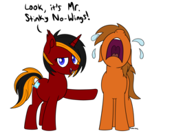 Size: 2500x2000 | Tagged: safe, artist:memeancholy, oc, oc:mixtape, oc:red flame, bat pony, earth pony, pony, unicorn, bully, bullying, crying, high res, pointing, simple background, transparent background