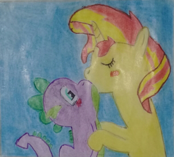 Size: 1226x1106 | Tagged: safe, spike, sunset shimmer, dragon, pony, g4, female, kissing, love, male, ship:sunsetspike, shipping, straight, traditional art