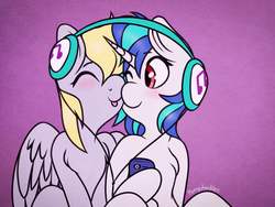 Size: 1024x768 | Tagged: safe, artist:incendiarymoth, derpy hooves, dj pon-3, vinyl scratch, pegasus, pony, g4, blushing, cheek to cheek, chest fluff, derpyscratch, duo, eyes closed, female, headphones, headset, lesbian, listening, listening to music, phone, sharing headphones, shipping, sitting, smiling, tongue out