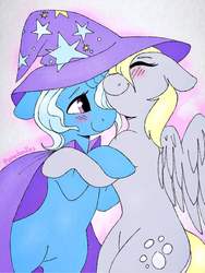 Size: 768x1024 | Tagged: safe, artist:incendiarymoth, derpy hooves, trixie, pegasus, pony, unicorn, g4, cape, clothes, cute, cutie mark, derpabetes, diatrixes, duo, eyes closed, female, hat, lesbian, mare, shipping, smiling, tripy, trixie's cape, trixie's hat