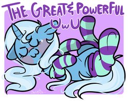 Size: 4000x3183 | Tagged: safe, artist:befishproductions, trixie, pony, unicorn, g4, blush sticker, blushing, clothes, cute, diatrixes, eyes closed, female, floppy ears, furry, high res, mare, on back, socks, solo, striped socks, uwu