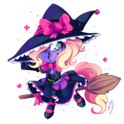 Size: 800x800 | Tagged: safe, artist:ipun, oc, oc only, pony, broom, chibi, clothes, deviantart watermark, dress, female, flying, flying broomstick, hat, mare, obtrusive watermark, simple background, solo, transparent background, watermark, witch hat