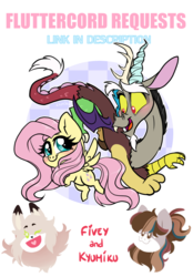 Size: 1039x1490 | Tagged: safe, artist:zlayd-oodles, discord, fluttershy, draconequus, pegasus, pony, g4, blushing, chibi, colored, cute, discute, female, flat colors, male, redbubble, ship:discoshy, shipping, shyabetes, simple background, straight, transparent background