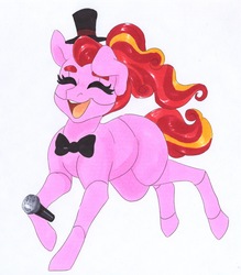 Size: 2539x2905 | Tagged: safe, artist:frozensoulpony, oc, oc only, oc:cranberry pie, earth pony, pony, bowtie, female, five nights at freddy's, hat, high res, inktober, inktober 2019, mare, microphone, offspring, parent:party favor, parent:pinkie pie, parents:partypie, simple background, solo, top hat, white background