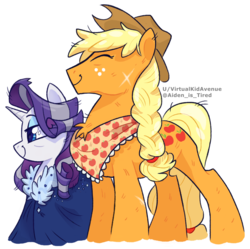Size: 1280x1276 | Tagged: safe, artist:virtualkidavenue, applejack, rarity, earth pony, pony, unicorn, g4, the last problem, cape, chest fluff, clothes, cowboy hat, duo, eyes closed, female, hat, lesbian, mare, older, older applejack, older rarity, scar, scarf, ship:rarijack, shipping, simple background, smiling, white background