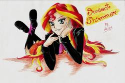 Size: 2059x1363 | Tagged: safe, artist:lassywuafwuaf, sunset shimmer, equestria girls, g4, female, looking at you, lying down, misspelling, smiling, solo, traditional art