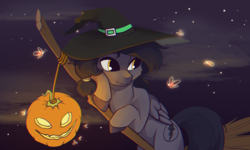 Size: 1997x1200 | Tagged: safe, artist:niehuaisang, oc, oc only, oc:mir, firefly (insect), insect, pegasus, pony, broom, female, flying, flying broomstick, halloween, hat, holiday, jack-o-lantern, mare, night, pumpkin, smiling, solo, spooky, spoopy, stars, witch, witch hat, witch's broom