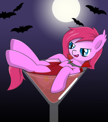 Size: 1757x2000 | Tagged: safe, artist:one4pony, oc, oc only, oc:cheery bell, bat pony, pony, vampire, bat pony oc, cup, cup of pony, fangs, halloween, holiday, martini glass, micro, solo