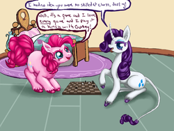 Size: 700x525 | Tagged: safe, artist:luckyorigamistars, pinkie pie, rarity, earth pony, pony, unicorn, g4, chess, chessboard, cloven hooves, curved horn, cute, cutie mark, darling, dialogue, diapinkes, duo, ear fluff, eyeshadow, female, horn, leonine tail, lidded eyes, looking at each other, makeup, mare, pinkie's bedroom, raised hoof, speech, speech bubble, sugarcube corner