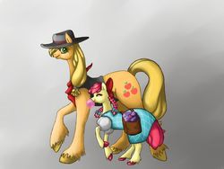 Size: 1024x768 | Tagged: safe, artist:luckyorigamistars, apple bloom, applejack, clydesdale, earth pony, pony, g4, adorabloom, apple sisters, bubblegum, calamity jane, candy, clothes, costume, cute, cutie mark, dorothy gale, dress, duo, duo female, eyes closed, female, filly, food, gradient background, gum, halloween, halloween costume, mare, nightmare night costume, raised hoof, saddle bag, siblings, sisters, smiling, the wizard of oz, unshorn fetlocks