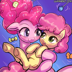 Size: 750x750 | Tagged: safe, artist:lumineko, li'l cheese, pinkie pie, earth pony, pony, g4, the last problem, candy, cute, diapinkes, duo, female, filly, foal, food, li'l cuteese, lollipop, looking at each other, mare, mother and daughter, older, older pinkie pie, rule 63