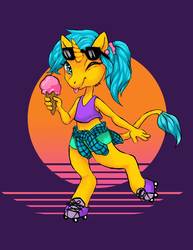 Size: 786x1017 | Tagged: safe, artist:luckyorigamistars, oc, oc only, unicorn, anthro, unguligrade anthro, 80s, abstract background, clothes, ear piercing, earring, female, food, ice cream, jewelry, leonine tail, looking at you, midriff, one eye closed, piercing, plaid shirt, roller skates, shorts, smiling, solo, sunglasses, tank top, tongue out, wink