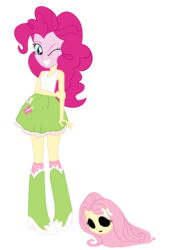 Size: 1183x1695 | Tagged: safe, edit, fluttershy, pinkie pie, equestria girls, g4, bare shoulders, bodysuit, boots, clothes, clothes swap, costume, cutie mark accessory, cutie mark on clothes, disguise, eye holes, eyeshadow, fluttershy suit, hairpin, hand on arm, hem, knee-high boots, kneesocks, looking at you, makeup, mask, mask on ground, masking, mouth hole, my cover has been blown, one eye closed, shoes, skirt, smiling, smiling at you, socks, swap, tank top, teeth, wink, winking at you