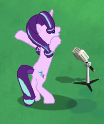 Size: 276x330 | Tagged: safe, gameloft, screencap, starlight glimmer, pony, g4, bipedal, cropped, female, mare, microphone, microphone stand, singing, solo