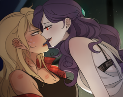 Size: 1900x1500 | Tagged: safe, artist:tcn1205, applejack, rarity, human, vampire, equestria girls, g4, bite mark, drool, drool string, fangs, female, kiss mark, lesbian, lipstick, looking at each other, red eyes, ship:rarijack, shipping