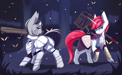 Size: 3400x2100 | Tagged: safe, artist:chapaevv, oc, oc only, oc:halbes, oc:the ted, pony, unicorn, zebra, armor, clothes, commission, duo, forest, hammer, high res, male, sword, weapon, zebra oc
