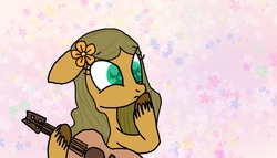 Size: 1182x676 | Tagged: safe, artist:primstreak97, oc, oc:flora propolis, earth pony, pony, base used, colored hooves, colored pupils, flower, flower in hair, guitar, musical instrument, parent:flax seed, parent:wheat grass, wingding eyes