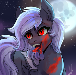 Size: 1611x1583 | Tagged: safe, artist:verashelenberg, oc, oc:sak, pony, vampire, vampony, blood, bloody, bloody mouth, fangs, female, full moon, goth, gothic, mare, moon, night, open mouth, red eyes