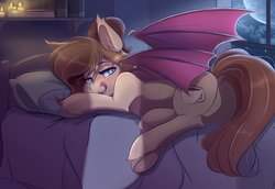 Size: 4000x2750 | Tagged: safe, artist:ardail, oc, oc only, oc:mocha latte, bat pony, pony, bat ponified, bat wings, bed, bedroom, blushing, butt, candle, cutie mark, dock, ear fluff, fangs, featureless crotch, female, frog (hoof), high res, indoors, licking, licking lips, lidded eyes, light, looking at you, mare, moon, on bed, open mouth, plot, race swap, solo, tail, tongue out, underhoof, unshorn fetlocks, wings