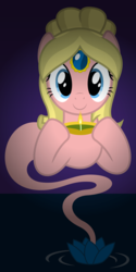 Size: 6400x12800 | Tagged: safe, artist:parclytaxel, oc, oc only, oc:saffron showers, earth pony, genie, genie pony, monster pony, pony, project seaponycon, .svg available, absurd resolution, bindi, candle, deepavali, diwali, diya, female, flower, gem, holiday, hoof hold, india, lamp, looking at you, lotus (flower), mare, project saffron, smiling, solo, vector, water