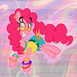Size: 1153x1153 | Tagged: safe, artist:littmosa, pinkie pie, earth pony, pony, g4, 80's style, belt, bracelet, clop your hooves, clothes, dancing, ear piercing, earring, error, female, fun, glasses, glitch, jewelry, pants, piercing, retro, shirt, smiling, t-shirt