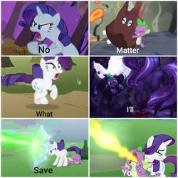 Size: 2896x2896 | Tagged: safe, artist:eosphorite, edit, edited screencap, idw, screencap, nightmare rarity, rarity, spike, dragon, nightmare forces, pony, unicorn, dragon quest, g4, gauntlet of fire, the ending of the end, female, fire, fire breath, high res, magic, male, rescue, sad, scared, shield, ship:sparity, shipping, straight, text, winged spike, wings