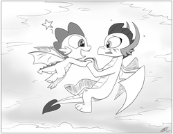 Size: 3300x2550 | Tagged: safe, artist:loreto-arts, smolder, spike, dragon, g4, blushing, female, flying, high res, male, monochrome, ship:spolder, shipping, straight, winged spike, wings