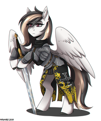 Size: 2000x2400 | Tagged: safe, artist:serodart, oc, oc only, oc:whirling typhoon, pegasus, pony, armor, chromatic aberration, female, high res, mare, serious, serious face, simple background, solo, sword, weapon, white background, wings
