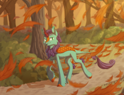 Size: 2894x2226 | Tagged: safe, artist:moontwinkle, oc, oc only, oc:searing cold, kirin, autumn, bush, falling leaves, forest, high res, leaf, leaves, path, plant, solo, tree, walking