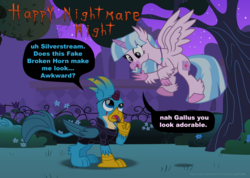 Size: 4055x2894 | Tagged: safe, artist:ejlightning007arts, gallus, silverstream, griffon, hippogriff, g4, broken horn, clothes, costume, cute, diastreamies, eye scar, fake horn, female, gallabetes, halloween, holiday, horn, implied tempest shadow, implied tempestlight, implied twilight sparkle, male, nightmare night, scar, ship:gallstream, shipping, speech bubble, straight