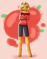 Size: 1520x1932 | Tagged: safe, artist:stormcloud-yt, applejack, earth pony, anthro, unguligrade anthro, g4, applejack's hat, clothes, cowboy hat, crossed arms, female, hat, looking at you, mare, smiling