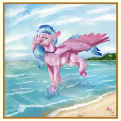 Size: 4000x4000 | Tagged: safe, artist:gaelledragons, artist:ilynalta, silverstream, bird, classical hippogriff, hippogriff, g4, absurd resolution, beach, collaboration, cute, diastreamies, eyes closed, female, happy, ocean, open mouth, sand, signature, solo