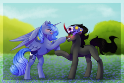 Size: 2655x1788 | Tagged: safe, artist:stormcloud-yt, king sombra, princess luna, alicorn, pony, unicorn, g4, angry, blushing, boop, day, eyes closed, female, floral head wreath, flower, flower in hair, gritted teeth, male, mare, s1 luna, sharp teeth, ship:lumbra, shipping, smiling, sombra eyes, stallion, straight, teeth