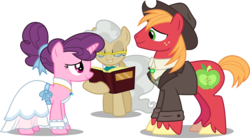 Size: 12000x6610 | Tagged: safe, artist:fruft, big macintosh, mayor mare, sugar belle, earth pony, pony, g4, the big mac question, .svg available, absurd resolution, book, clothes, dress, eyes closed, female, male, mare, simple background, stallion, transparent background, vector, wedding dress, wrong aspect ratio