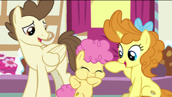 Size: 1920x1080 | Tagged: safe, screencap, li'l cheese, pound cake, pumpkin cake, earth pony, pegasus, pony, unicorn, g4, the last problem, bipedal, bow, brother and sister, cake twins, eyes closed, female, filly, foal, hair bow, happy, male, mare, older, older cake twins, older pound cake, older pumpkin cake, puffy cheeks, raspberry, siblings, smiling, stallion, sugarcube corner, tongue out, twins