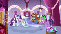 Size: 1920x1080 | Tagged: safe, screencap, rarity, spike, twilight sparkle, alicorn, dragon, pony, unicorn, g4, the last problem, bed, clothes, dress, female, gem, happy, horn, hungry, lidded eyes, magic, magic aura, magic glow, male, mannequin, mare, measuring, measuring tape, twilight sparkle (alicorn), winged spike, wings