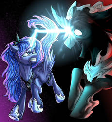 Size: 2300x2500 | Tagged: safe, artist:not-ordinary-pony, derpibooru exclusive, pony of shadows, princess luna, alicorn, pony, g4, duo, ethereal mane, fight, fluffy, high res, jewelry, looking at each other, regalia
