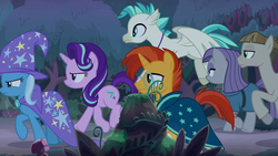 Size: 1280x720 | Tagged: safe, screencap, maud pie, mudbriar, starlight glimmer, sunburst, terramar, trixie, earth pony, hippogriff, pony, unicorn, g4, student counsel, female, male, mare, search party six, stallion