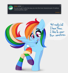 Size: 3216x3400 | Tagged: safe, artist:omi, rainbow dash, pegasus, pony, ask, belly fluff, blushing, chest fluff, clothes, cute, dashabetes, dialogue, ear fluff, female, floppy ears, fluffy, gray background, looking back, looking down, mare, open mouth, rainbow socks, raised leg, shoulder fluff, simple background, smiling, socks, solo, speech bubble, spread wings, striped socks, thigh highs, tumblr, wing fluff, wings